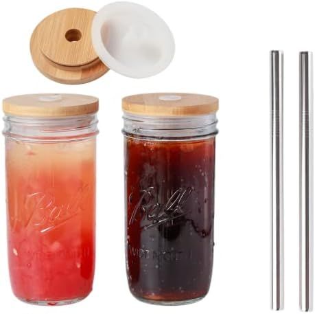 Aodidarc 2 Pack 24oz Glass Wide Mouth Mason Drinking Jars with Bamboo Lids, Upgrade Bamboo Lids with | Amazon (US)