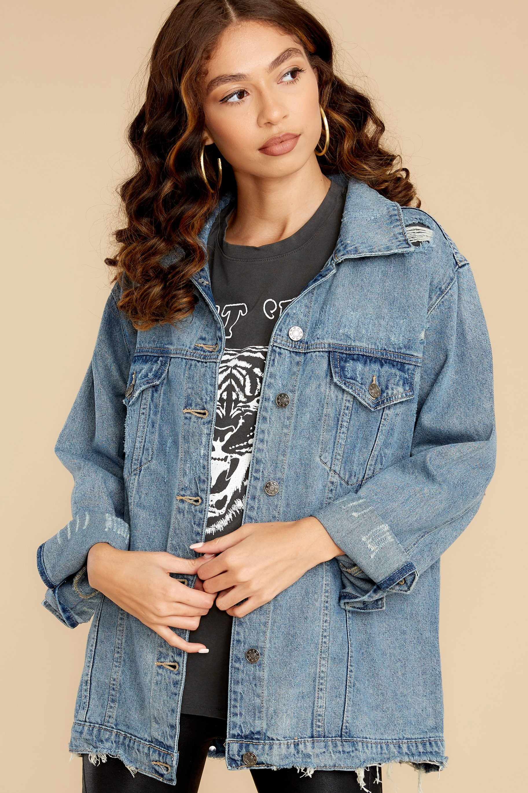 Brisk Blues Medium Wash Distressed Denim Jacket | Red Dress 
