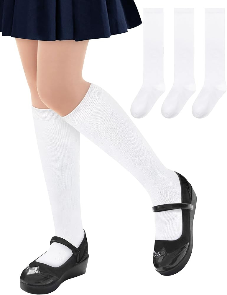 qikqik 3 Pairs Knee High Socks for Girls School Uniform Sock Cotton Long Socks for Girls Dress Sock Seamless Kids Stockings | Amazon (US)