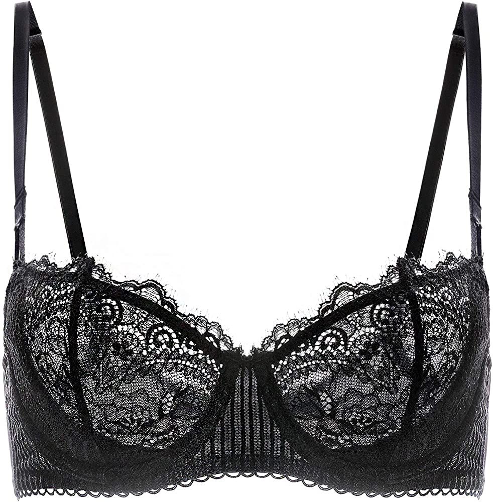 DOBREVA Women's Sexy Lace Push Up Plus Size Bra Sheer Balconette Underwire Unlined | Amazon (US)