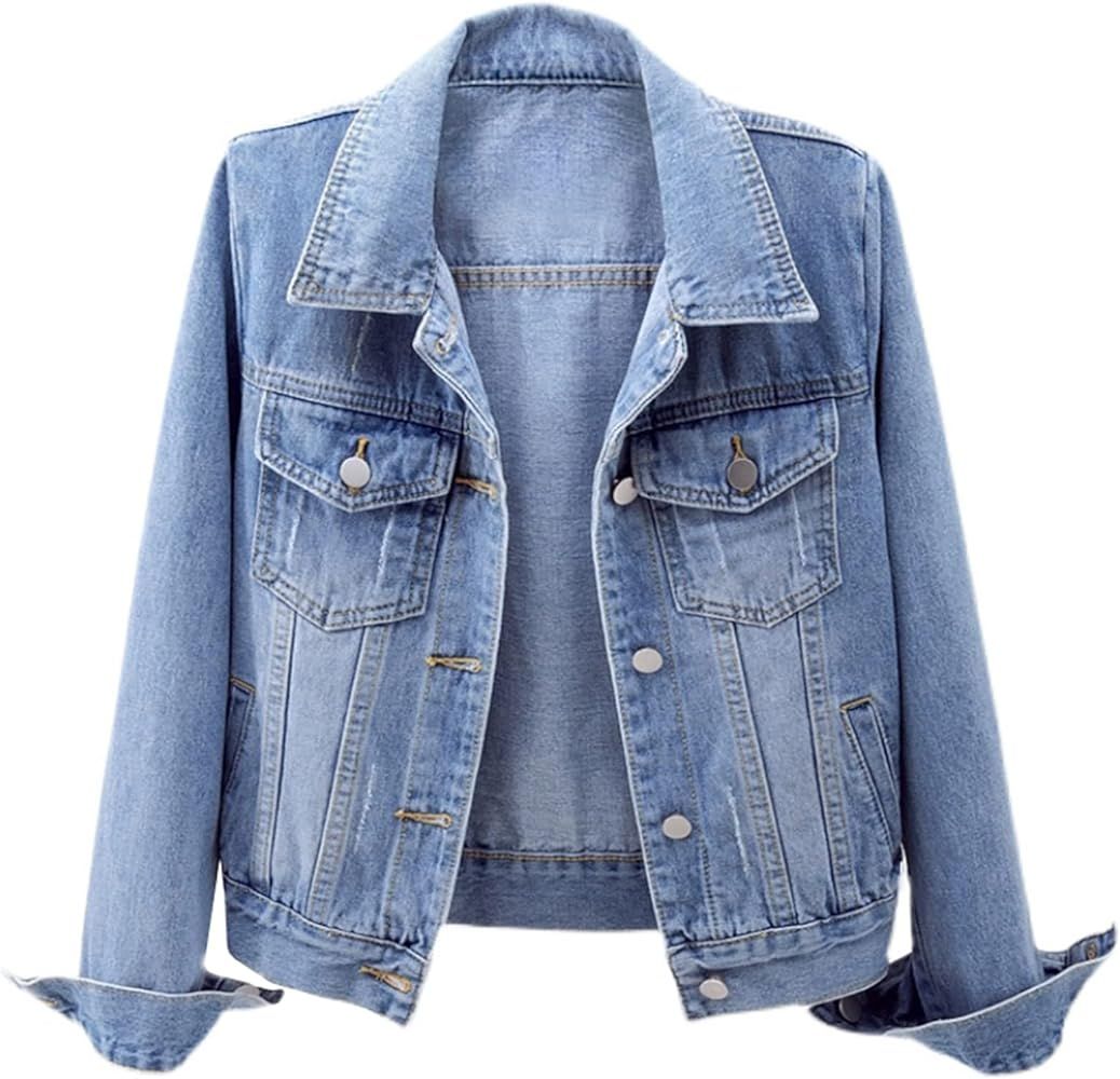 Ladyful Women's Bride Casual Jean Jacket Distressed Ripped Denim Jacket Coat with Pockets | Amazon (US)