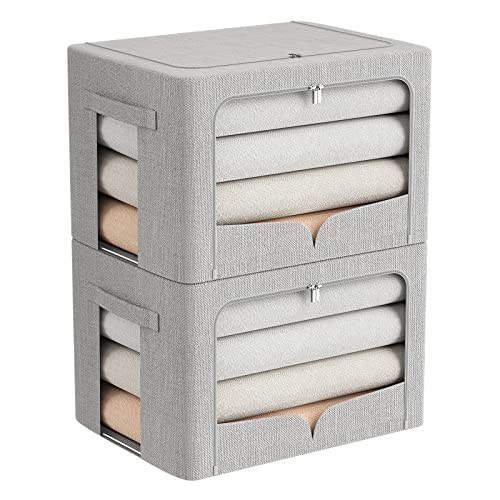 2 Pack Clear Window Storage Bins Stackable Linen Fabric Storage for Clothes Foldable Box Organizer Set with Carrying Handles-36L(Light Gray, 15.7X 11.8X 11.8 Inch) | Amazon (US)