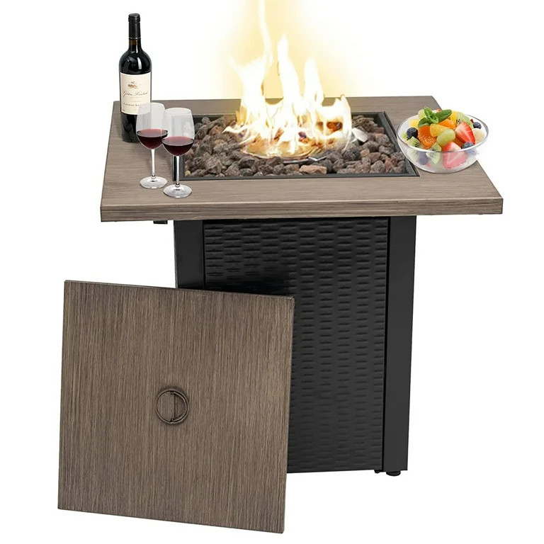Yangming 28" Square Outdoor Propane Gas Fire Pit Table, Faux Wood Table Top with Lid | Walmart (US)