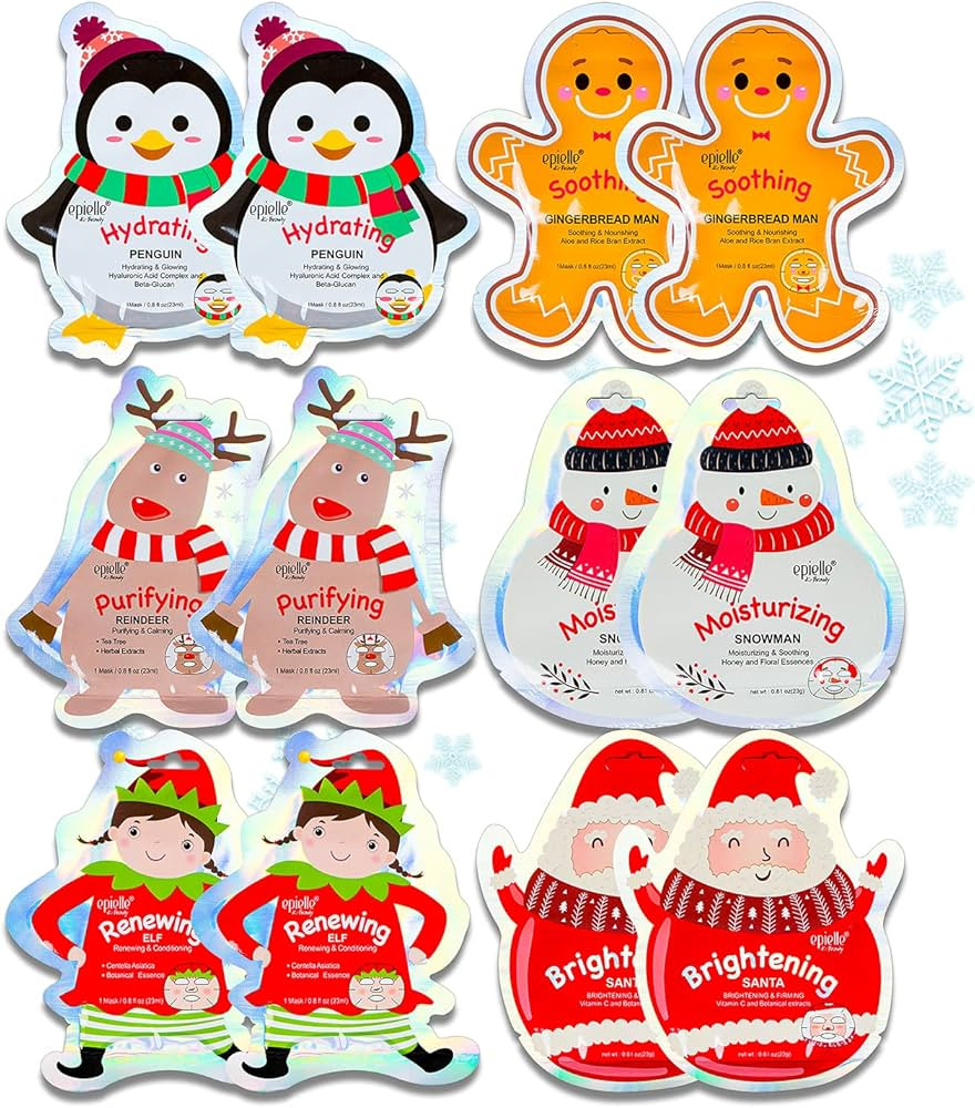 Epielle Christmas Holiday Character Sheet Mask Assortments, Santa, Reindeer, Snowman, Elf, Ginger... | Amazon (US)