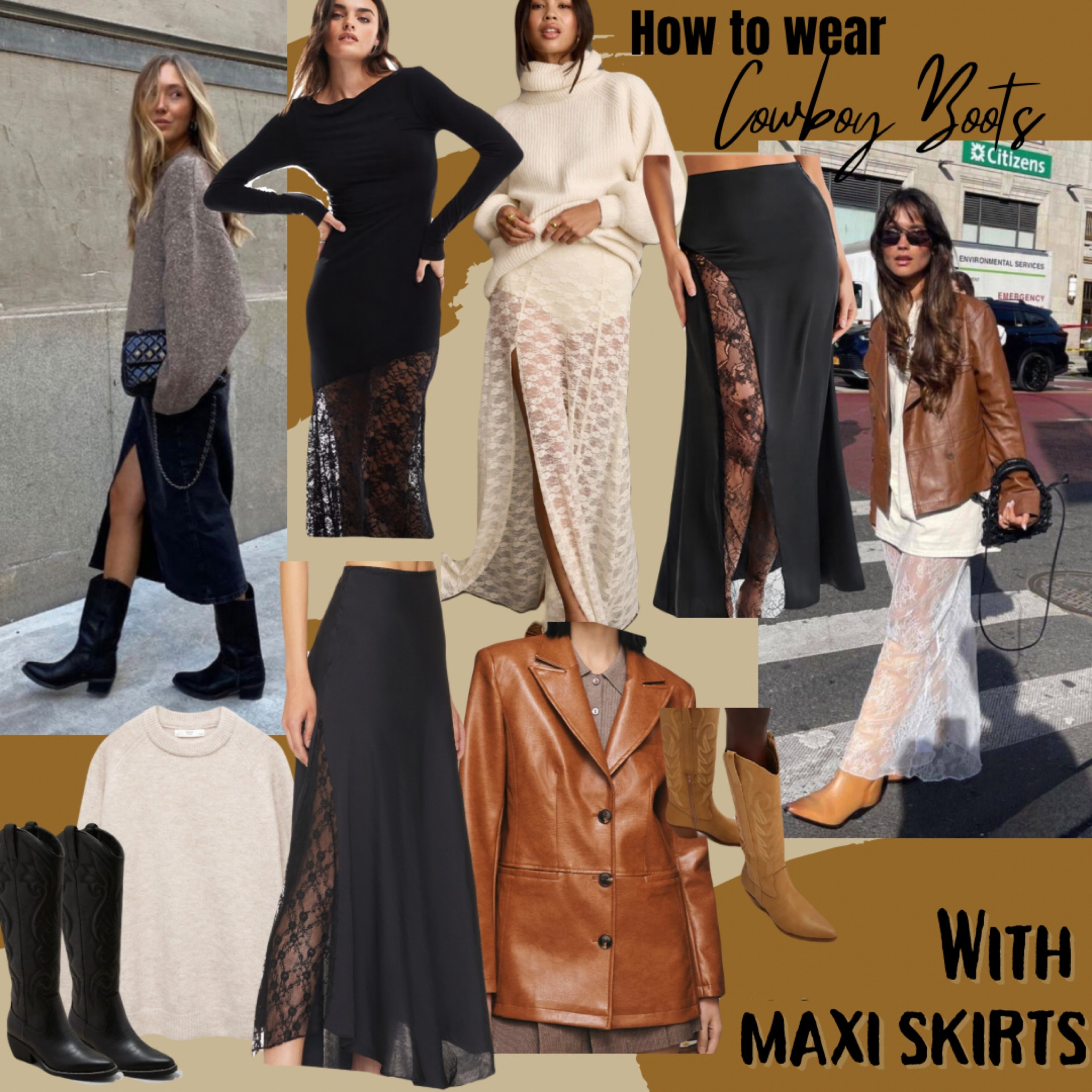 How to wear COWBOY BOOTS with maxi skirts. Maxi skirts with lace piecing and side slits show off your cowboy boots! Add a slouchy sweater and a leather jacket. 

#LTKFindsUnder100 #LTKShoeCrush #LTKStyleTip