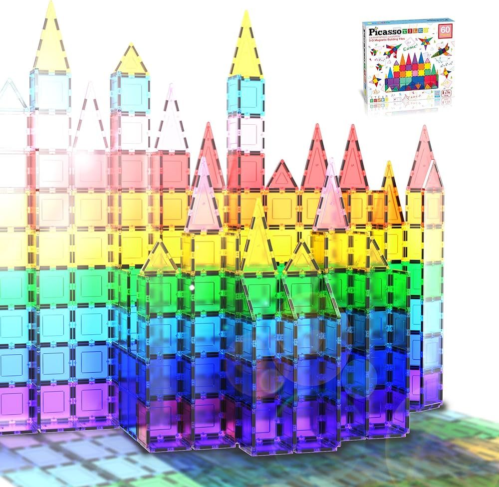 PicassoTiles 60 Piece Set 60pcs Magnet Building Tiles Clear Magnetic 3D Blocks Construction Playb... | Amazon (US)