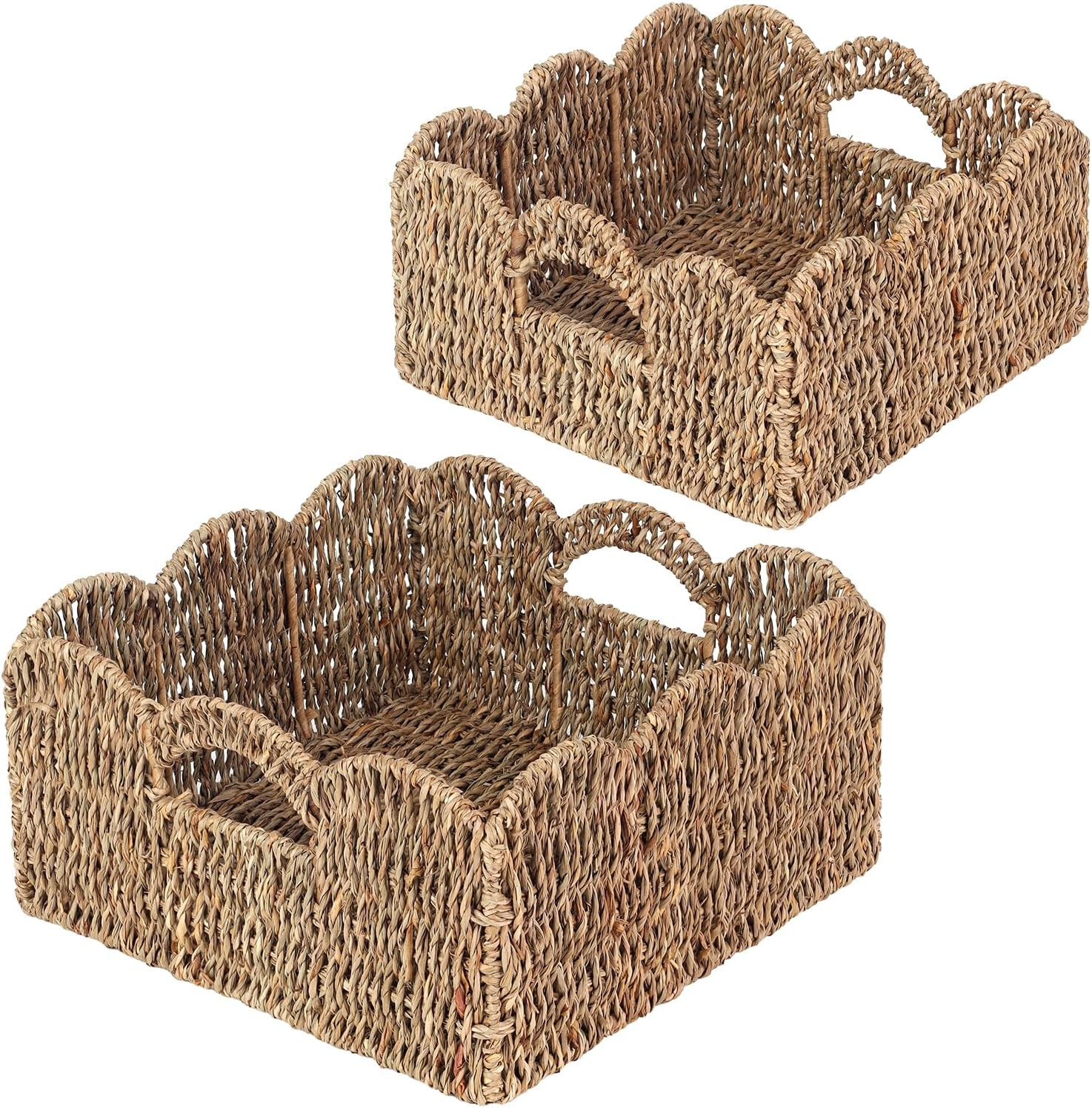 Scalloped Baskets (Natural-Set of 2) Seagrass Basket For Decor, Basket Living Room Organizer, Bat... | Amazon (US)