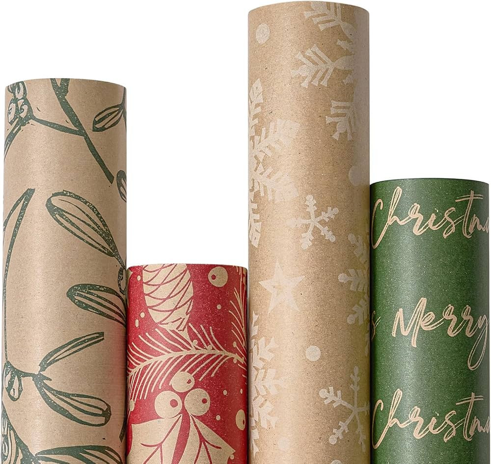 YANGTE Vintage Recyclable Christmas Wrapping Paper Rolls, Brown Kraft Wrapping Paper with Red and... | Amazon (US)