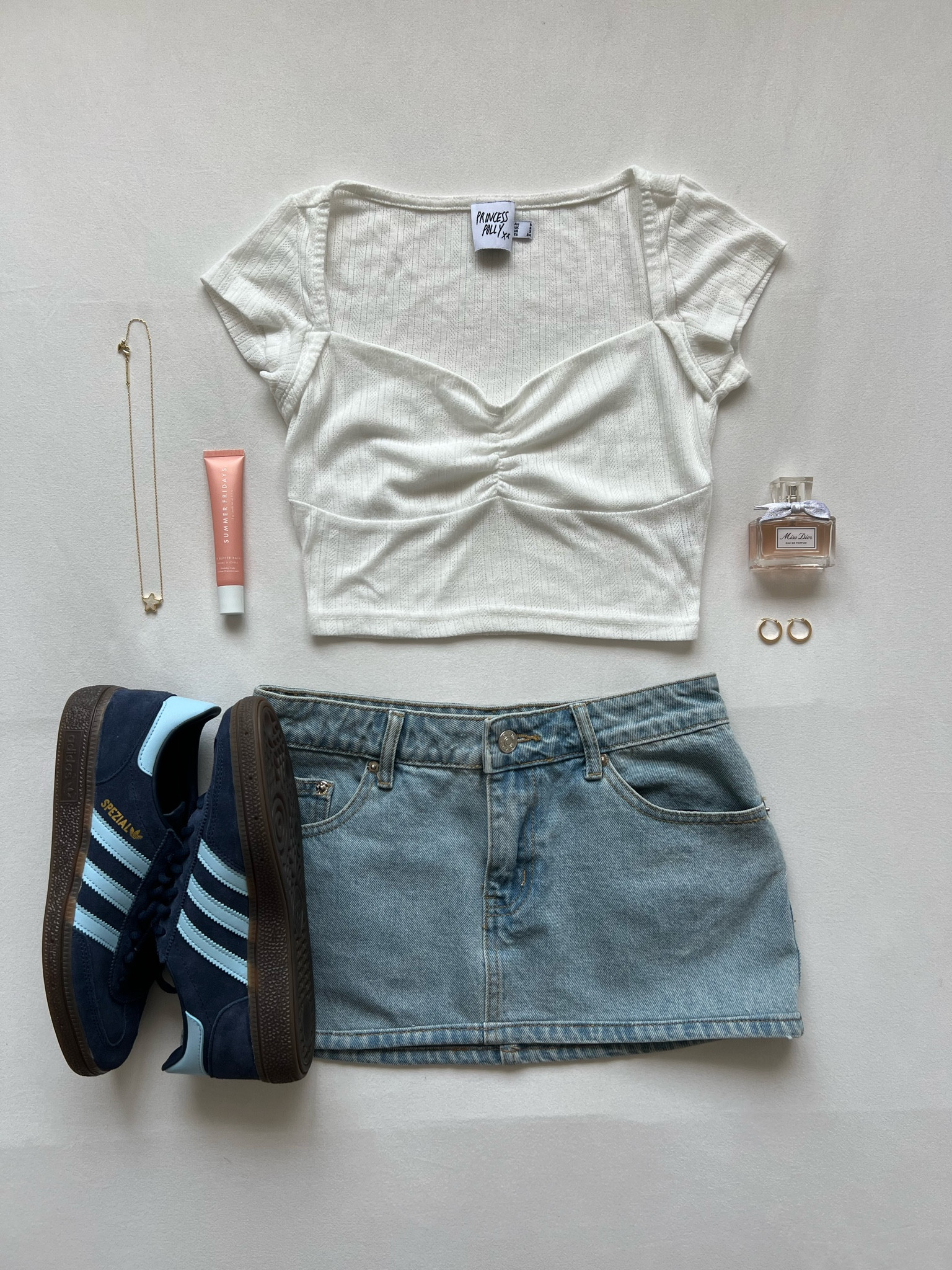 adidas spezial + denim mini skirt outfit