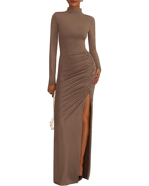 BTFBM Formal Dresses for Women 2025 Fall Long Sleeve Mock Neck Ruched Bodycon Slit Maxi Wedding G... | Amazon (US)
