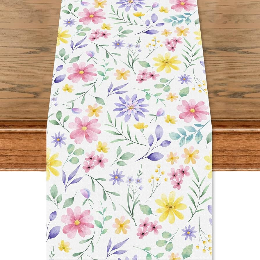 Watercolor Flowers Spring Table Runner 13x72 Inch - Natural Linen Wildflowers Bloom Flowers Garde... | Amazon (US)