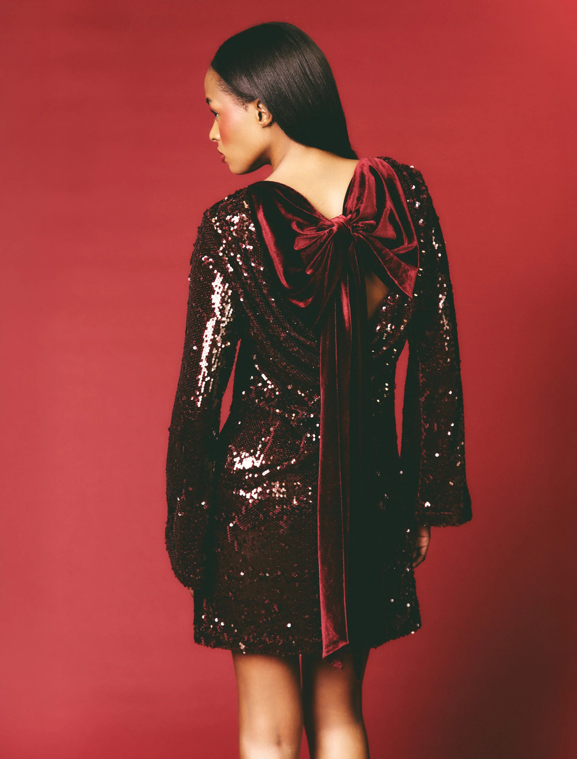 Brioni Sequin Bow Mini Dress - Wine | Pretty Lavish (UK)
