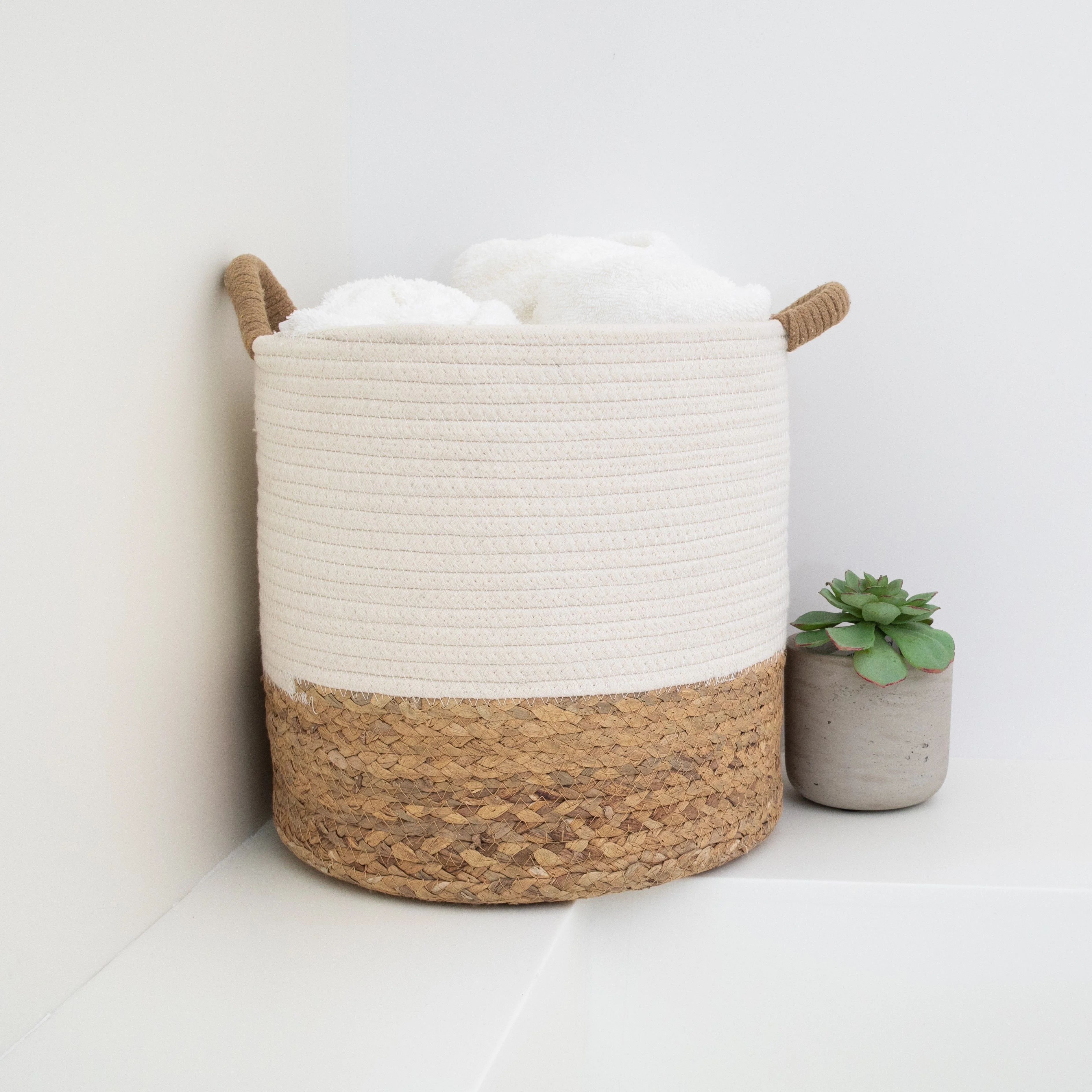 Set of 2 Round Storage Basket, Braided Seagrass & Cotton Rope (MD+SM), Natural & White | Walmart (US)