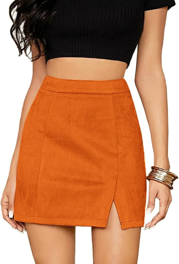 Umenlele Women's Basic Split Hem High Waist Suede Mini Pencil Bodycon Skirt | Amazon (US)