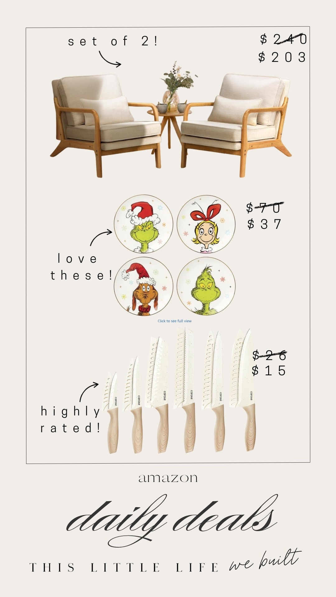 Amazon daily deals! 


Chairs, grinch plates, Christmas clearance, cutting knives 

#LTKHome #LTKSaleAlert #LTKFindsUnder100