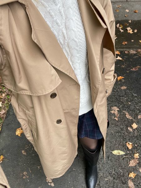 Trench coat, leather boots, extended calf, rainy day ootd, cableknit sweater, fall ootd 

#LTKshoecrush #LTKxMadewell #LTKworkwear