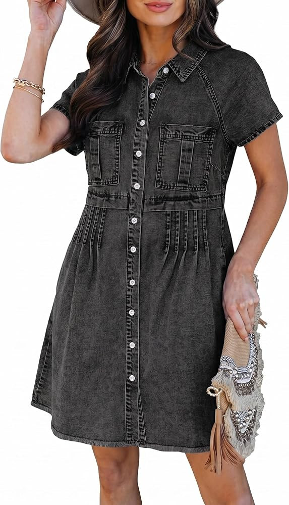 GRAPENT Denim Dresses for Women Short Sleeve Babydoll Pleated Raw Hem Distressed Casual Western J... | Amazon (US)