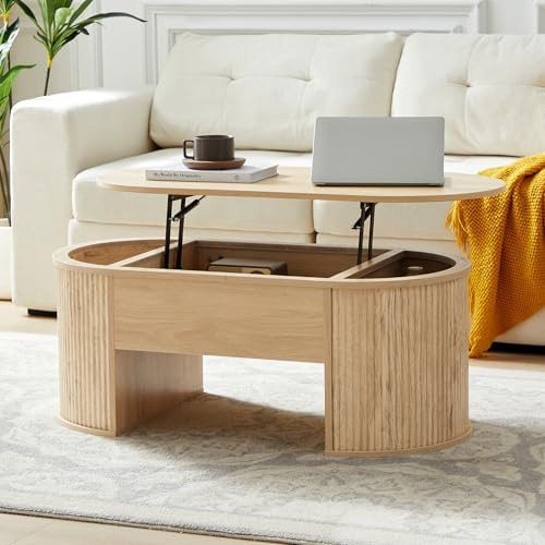 QHITTY Fluted Coffee Table with Lifting Top, Oval Wood Lift Top Coffee Table with Hidden Compartm... | Amazon (US)