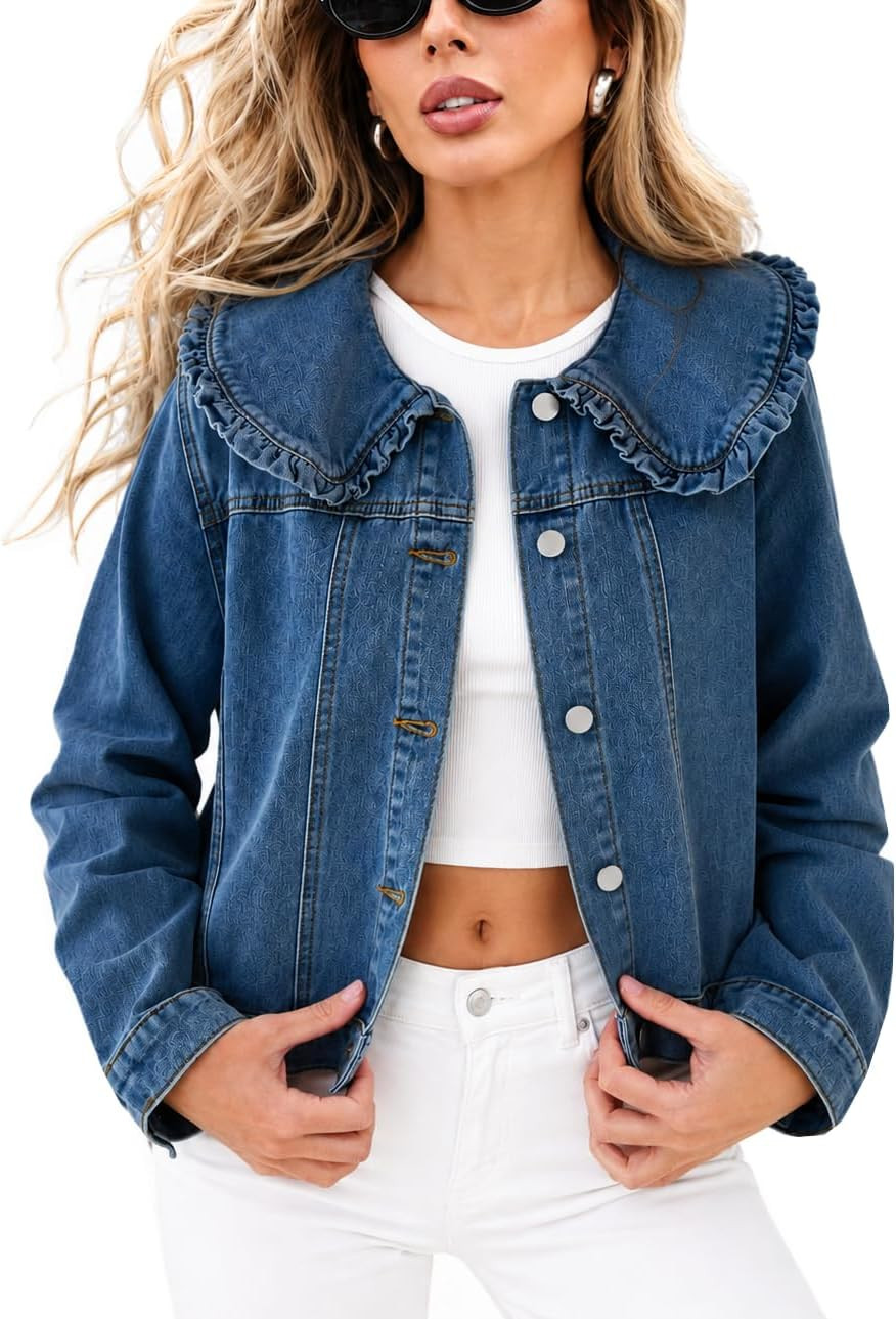 Kedera Women's Jean Jacket Cropped Denim Jacket Long Sleeve Peter Pan Collar Button Down Jean Shirt Crop Top | Amazon (US)