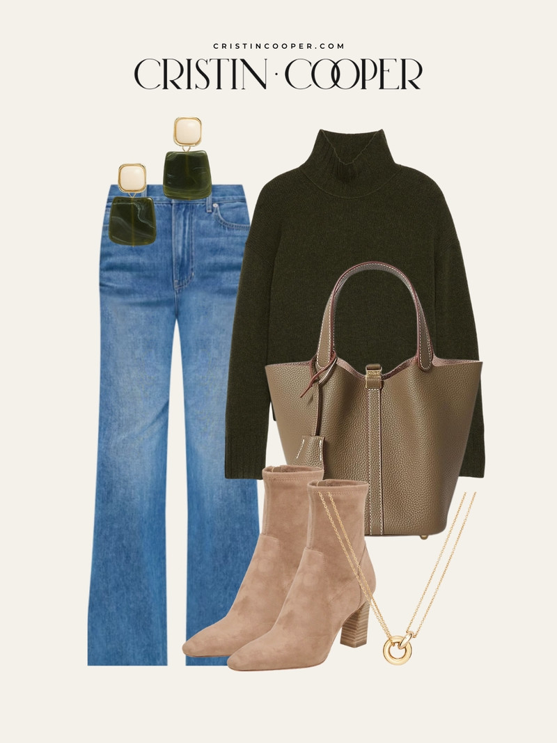 Deep forest green, light wash denim, and a taupe tote. Earth tones and denim will never go out of style. 

 #LTKSeasonal
