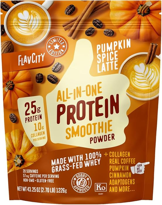 FlavCity Grass Fed Whey Protein Powder - Pumpkin Spice Latte - 25g Protein & 57mg of Caffeine - M... | Amazon (US)