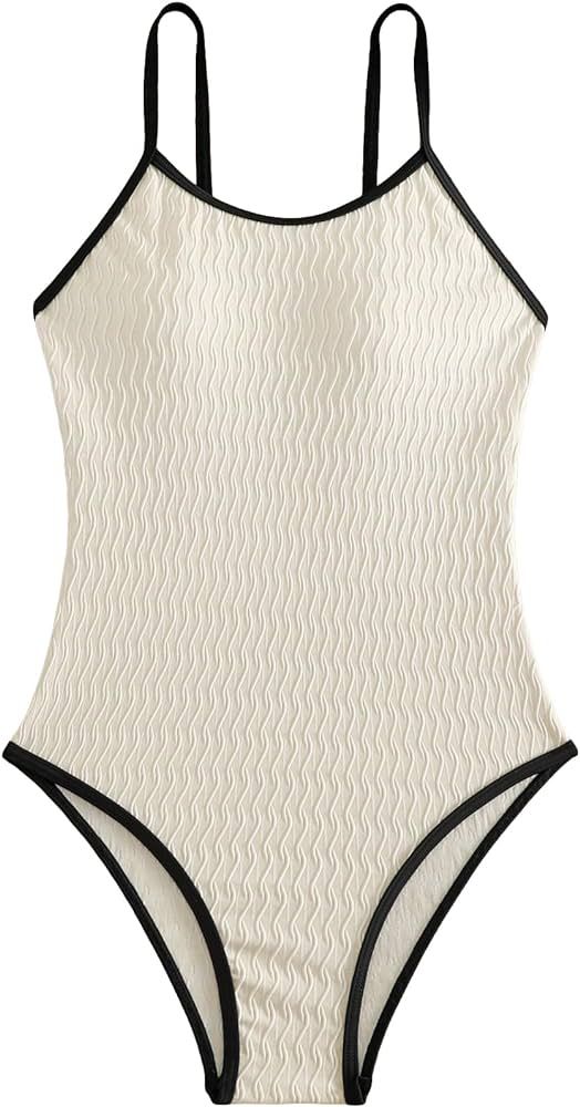 Women's Contrast Binding One Piece Swimsuit Bathing Suits Plain Backless Swimwear Beachwear | Amazon (US)