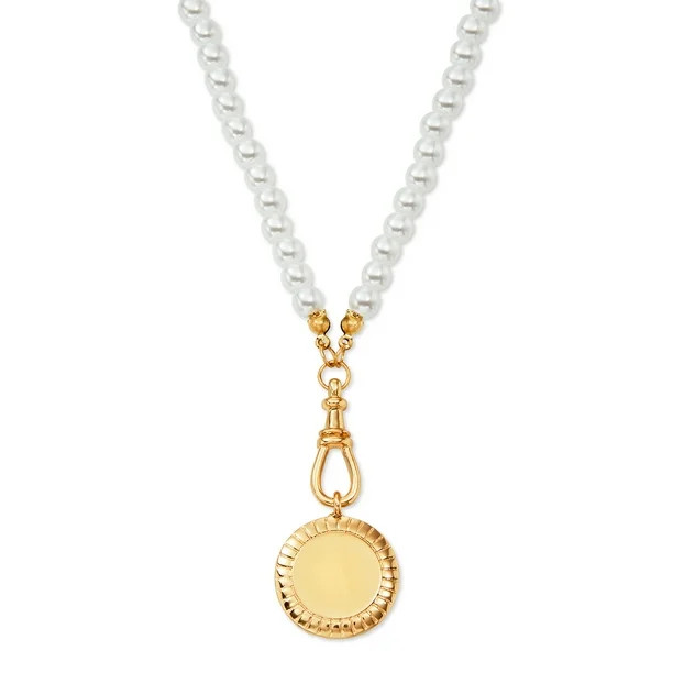 Scoop 14KT Gold Flash Plated Brass Disc Imitation Pearl Necklace, 17" + 2" | Walmart (US)