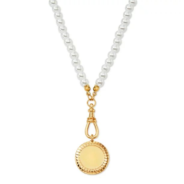 Scoop 14KT Gold Flash Plated Brass Disc Imitation Pearl Necklace, 17" + 2" | Walmart (US)