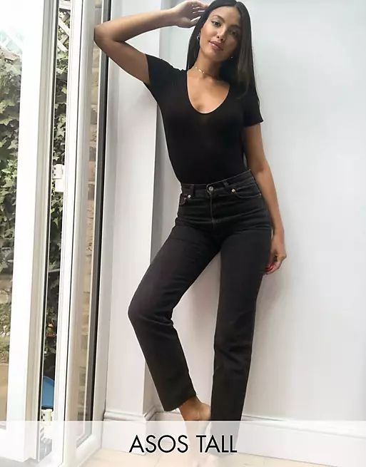 ASOS DESIGN Tall high rise stretch 'effortless' crop kick flare jeans in black | ASOS (Global)