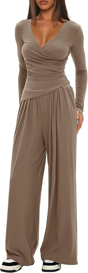 Darong Women's 2 Piece Lounge Outfits Sets Warp V Neck Short/Long Sleeve Shirts and Wide Leg Pant... | Amazon (US)