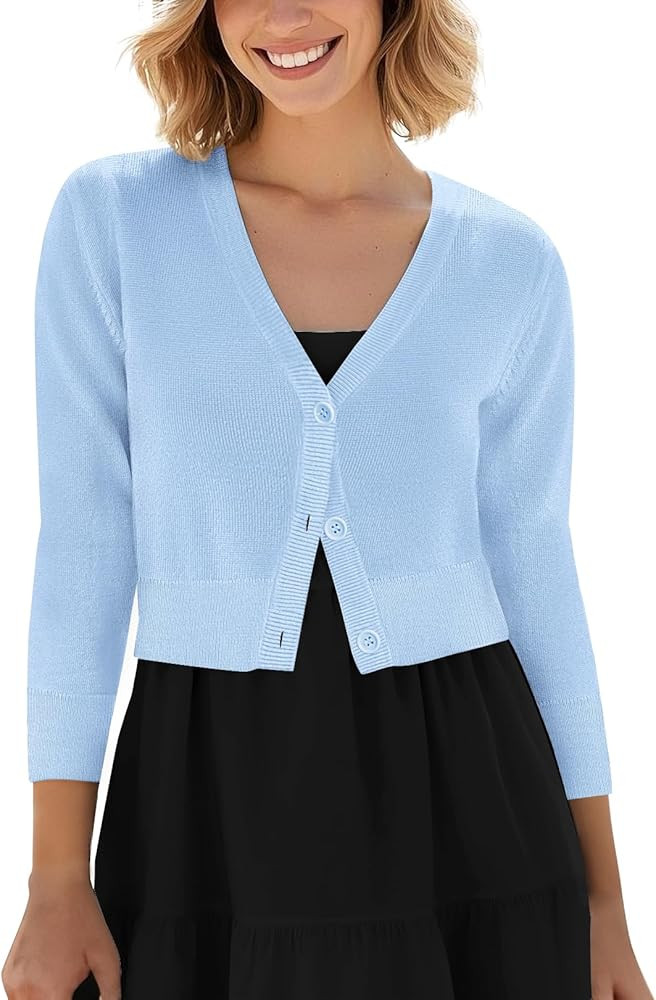 Urban CoCo Women's Cropped Cardigan V-Neck Button Down Knitted Sweater 3/4 Sleeve | Amazon (US)
