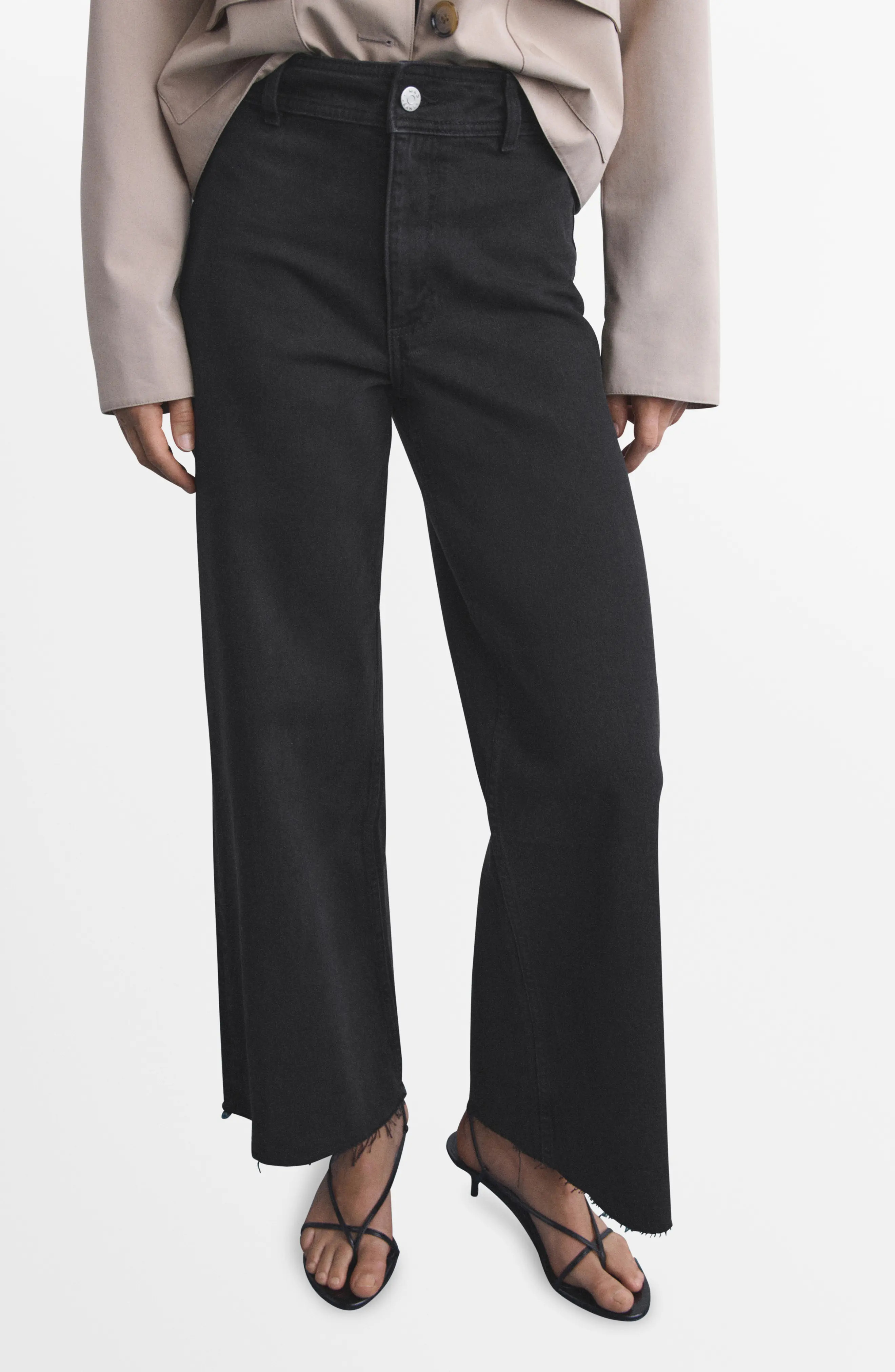 MANGO Catherin Frayed High Waist Wide Leg Culotte Jeans in Medium Blue at Nordstrom, Size 8 | Nordstrom