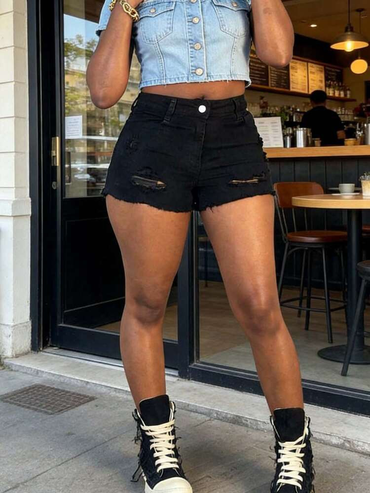 Shorts Vaqueros Negros Informales Para Mujer Con Detalles Rotos, Bolsillos Y Cremallera, Pierna Recta, Tejido Elástico Medio. | SHEIN
