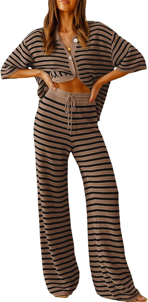 Tankaneo Womens Knit 2 Piece Lounge Sets Striped Short Sleeve Tops and Wide Leg Pants Travel Airp... | Amazon (US)