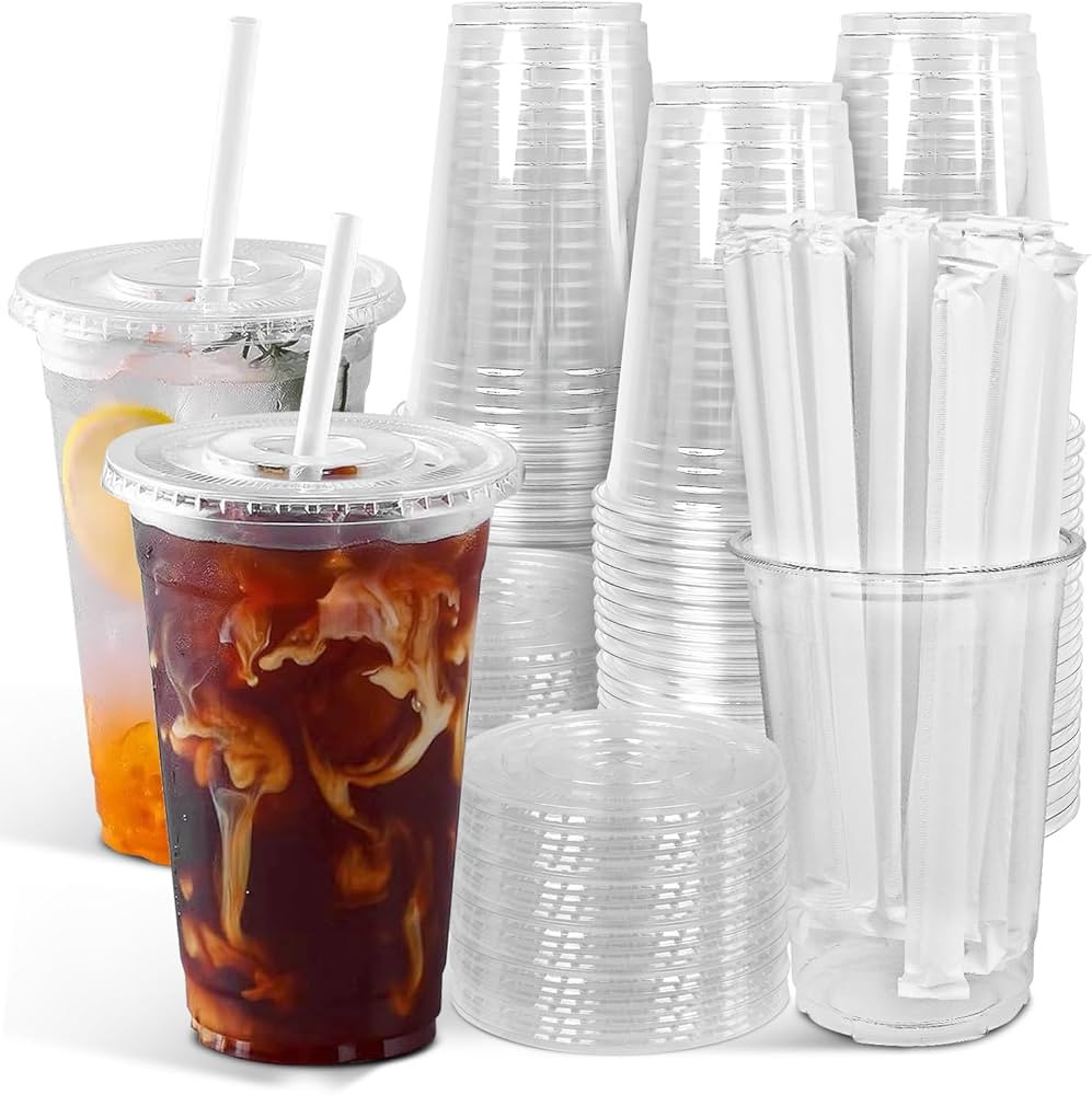 Ginkgo 100-Pack 20oz Clear Plastic Iced Coffee Cups with Lids and Straws, Disposable To Go Cups f... | Amazon (US)