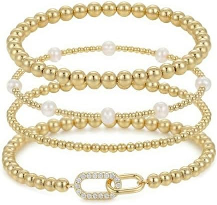 Gold Beaded Bow Heart Paperclip Pearl Stack Bracelet Set for Women, 4Pcs Handmade Golden Beads Pe... | Amazon (US)