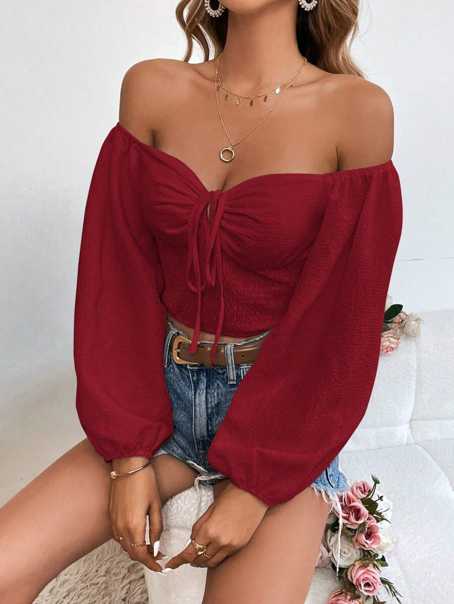 SHEIN VCAY Women's Spring & Summer Solid Color Off-Shoulder Lantern Sleeve Shirred Waist Casual B... | SHEIN