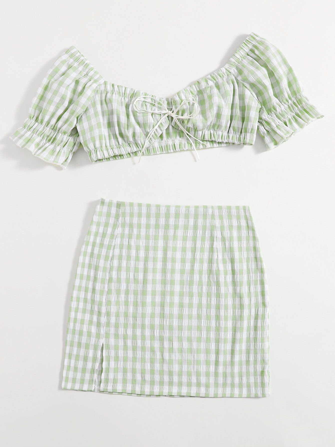 Gingham Tie Front Top & Split Skirt | ROMWE