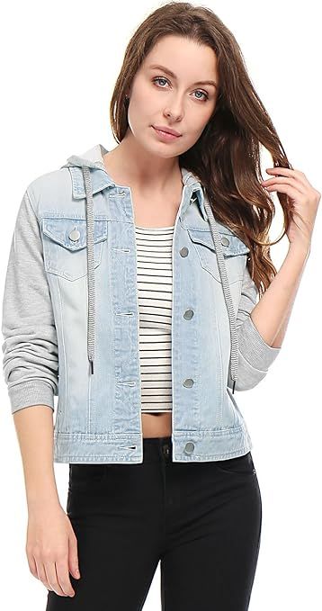 Allegra K Women's Layered Drawstring Hood Denim Jacket W Pockets | Amazon (US)