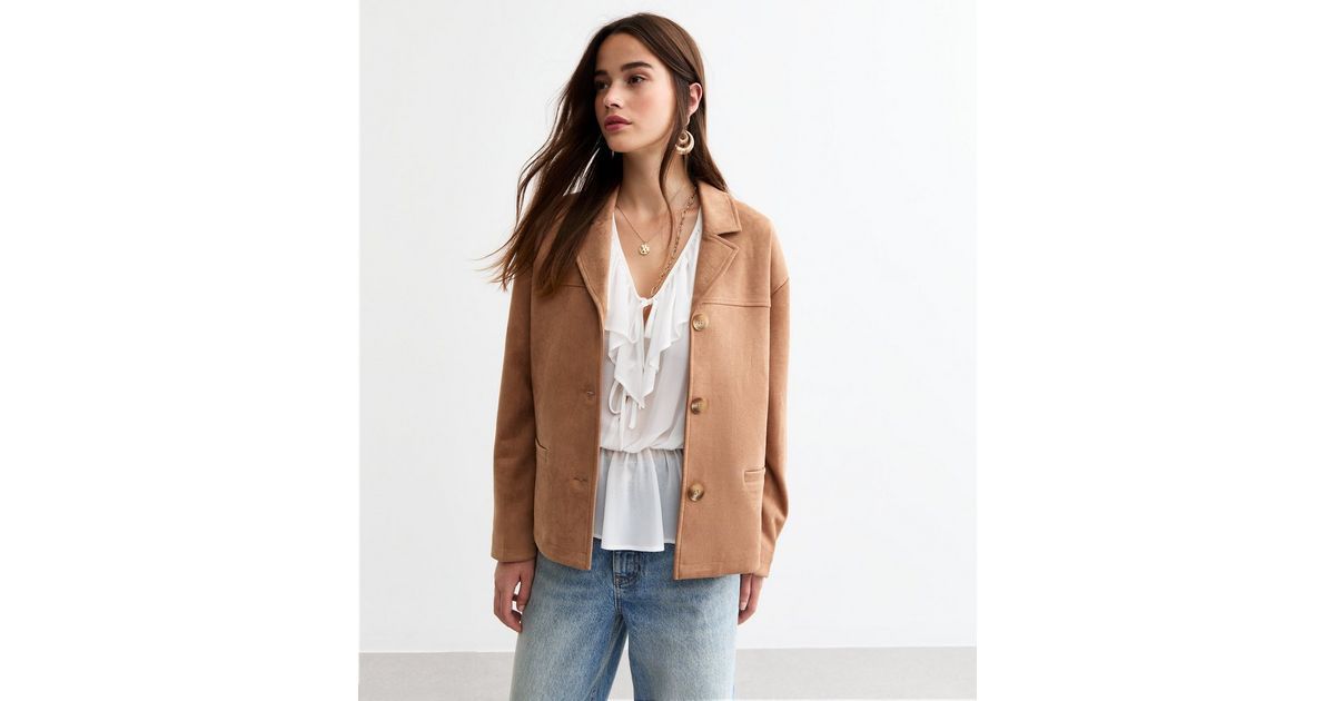 Tan Button Up Suedette Jacket  | New Look | New Look (UK)