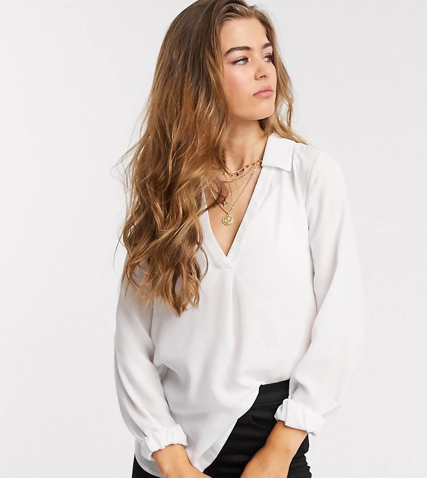 ASOS DESIGN Tall v neck blouse with collar detail in ivory-White | ASOS (Global)