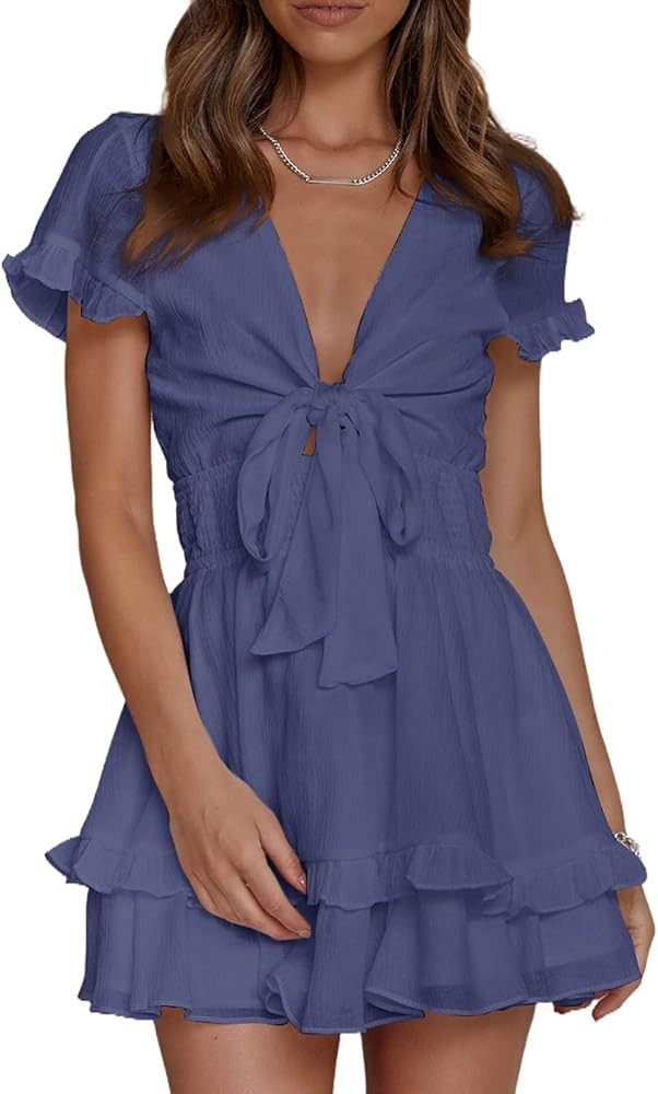 Happy Sailed Women Summer Short Sleeve Front Knot V Neck Elastic Wasit Ruffle Swing Mini Dresses | Amazon (US)
