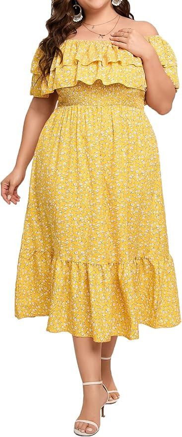 KOJOOIN Women Plus Size Off Shoulder Maxi Dress Ruffle Flowy Casual Summer Boho Long Dresses | Amazon (US)