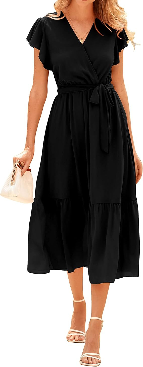 BTFBM Women Summer Bohemian Floral Casual Wrap V Neck Ruffle Cap Sleeveless Belt A-Line Pleated H... | Amazon (US)