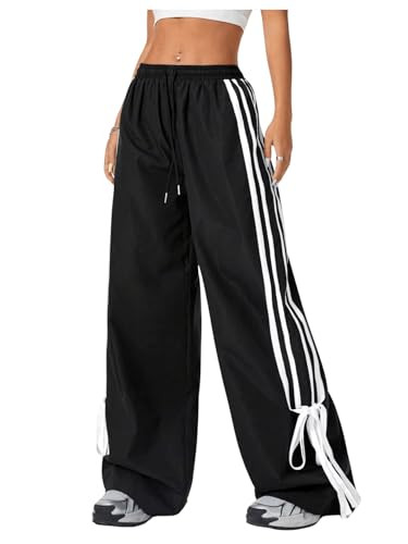 WDIRARA Women's Side Striped Bowknot Track Streetwear Pant Drawstring Waist Wide Leg Long Pants Workout Black and White M | Amazon (US)