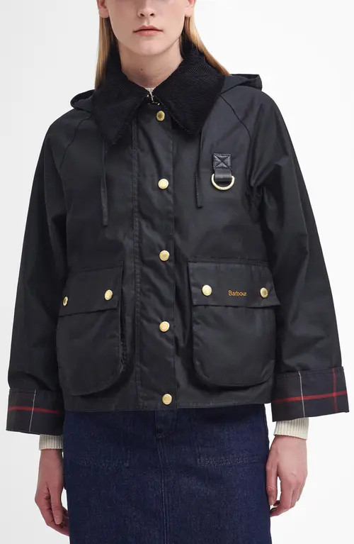 Barbour Reighton Waxed Cotton Jacket in Black/Classic at Nordstrom, Size 14 Us | Nordstrom