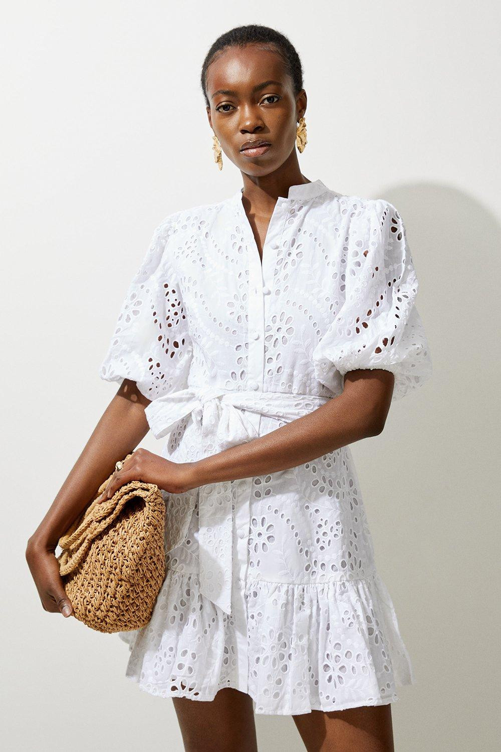 Cotton Eyelet Belted Woven Belted Mini Dress | Karen Millen US