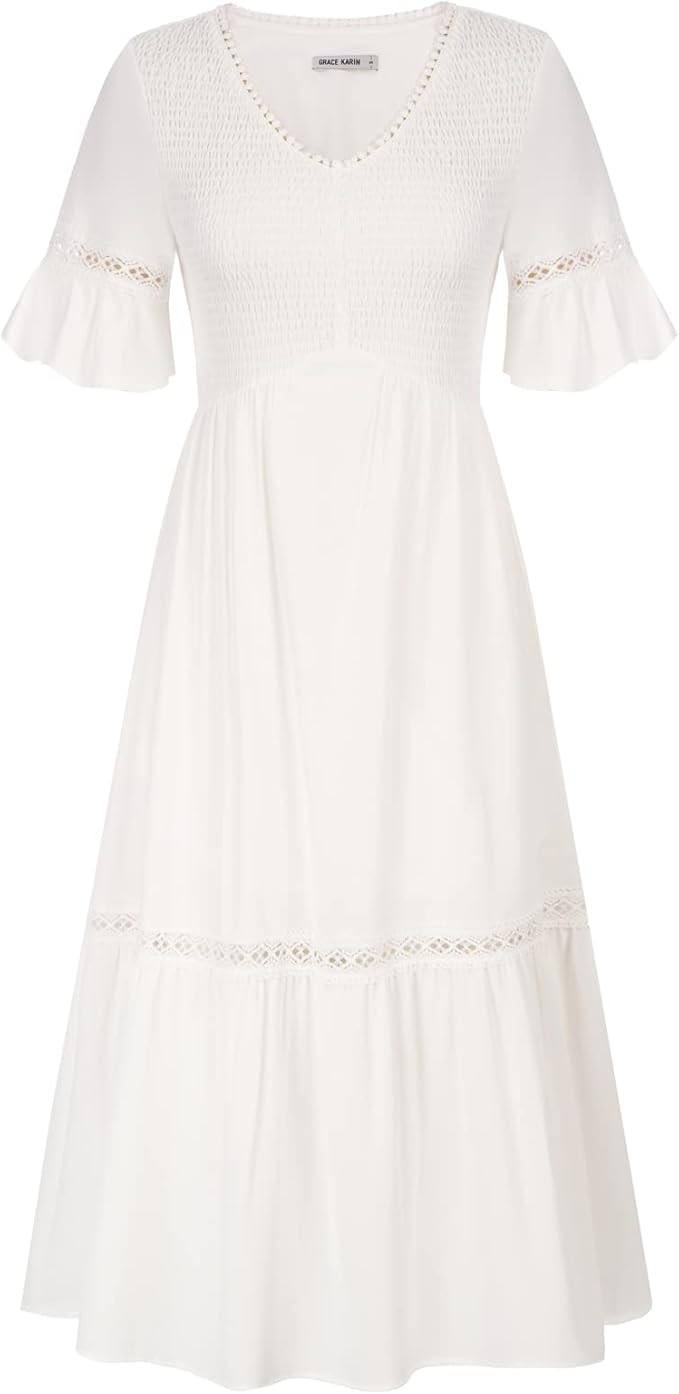 GRACE KARIN Women Flared A Line Puff Short Sleeve V Neck Midi Casual Lace Dress | Amazon (UK)