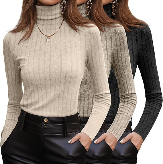3 Pack Women's Turtleneck Sweaters, Ribbed Long Sleeve Fitted Pullover Sweater Knit Lightweight F... | Amazon (US)