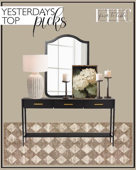 Yesterday’s Top Picks. Follow @farmtotablecreations on Instagram for more inspiration.

Anders Tall Terra Cotta Table Lamp. West Elm Metalwork Console. 20" x 30" Shield Wall FSC Ash Wood Mirror Black - Threshold designed with Studio McGee. White Hydrangea Canvas Printed Sign. Easton Forged-Iron Pillar Candleholder. Lahome Moroccan Treills Runner Rug - 2x6 Beige Washable Rug. Console Table Styling. Entryway Decor. Affordable Home Finds  

#LTKfindsunder50 #LTKhome #LTKsalealert
